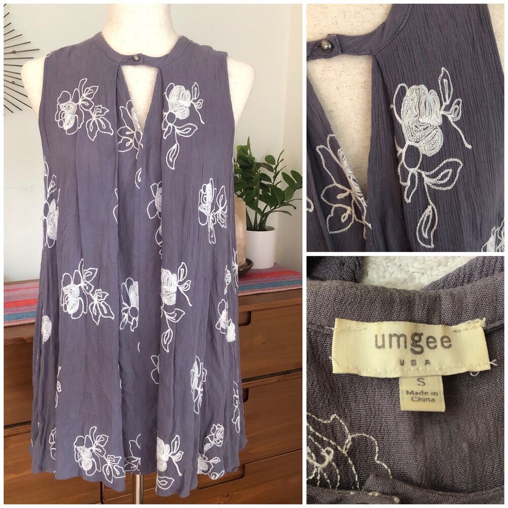 Umgee Floral Embroidered‎ Sleeveless Blouse Small Crinkle Sheer Tunic Boho Chic